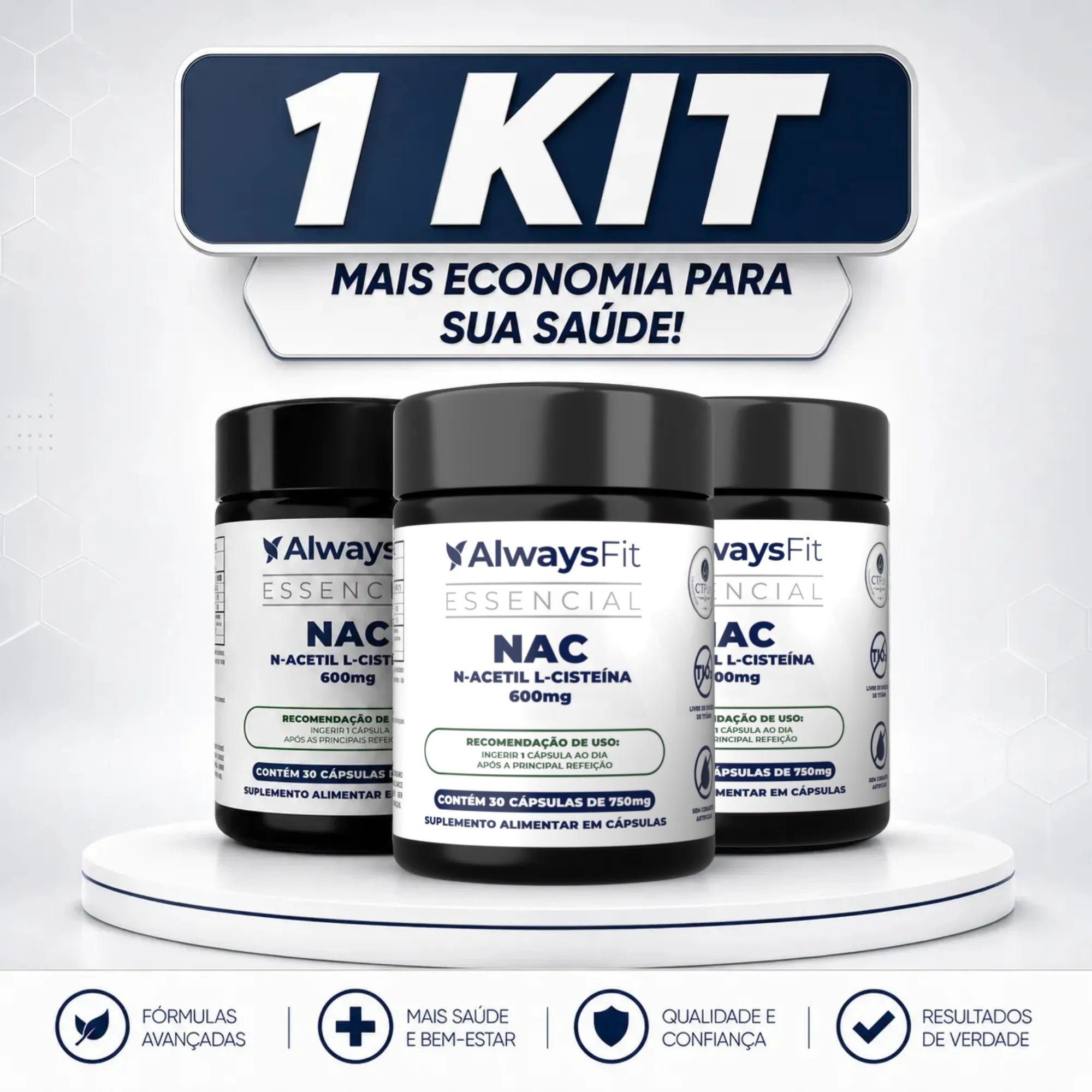 Kit 28 - 3 NAC - N-Acetil L-Cisteína - 600mg - Precursor da Glutationa