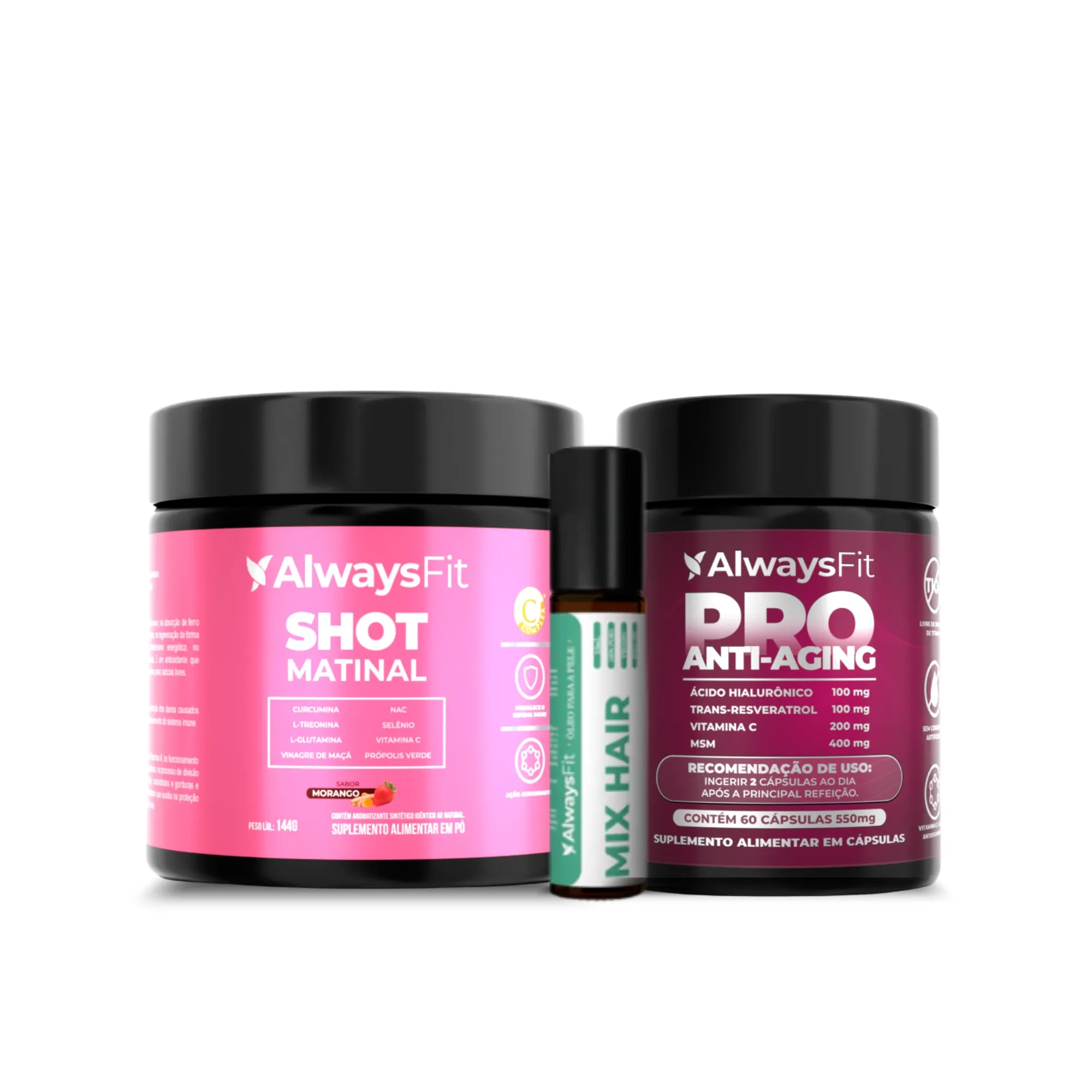 Kit Pro Anti-Aging + Roll-On Cabelo + Shot Matinal Morango